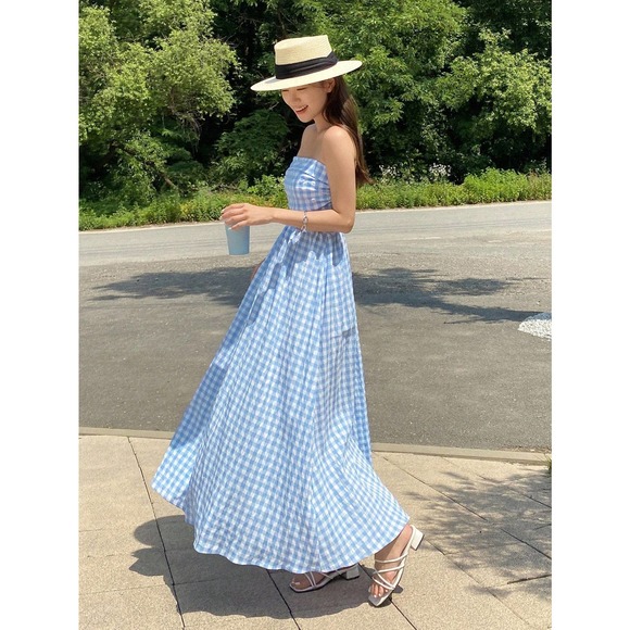 blue white Gingham Print Tube maxi Dress - Picture 4 of 6